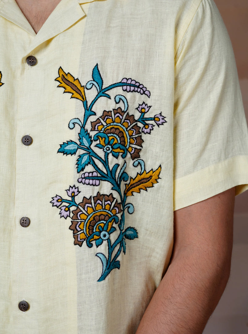 Vintage Petals - Hand Embroidered Unisex Linen Shirt