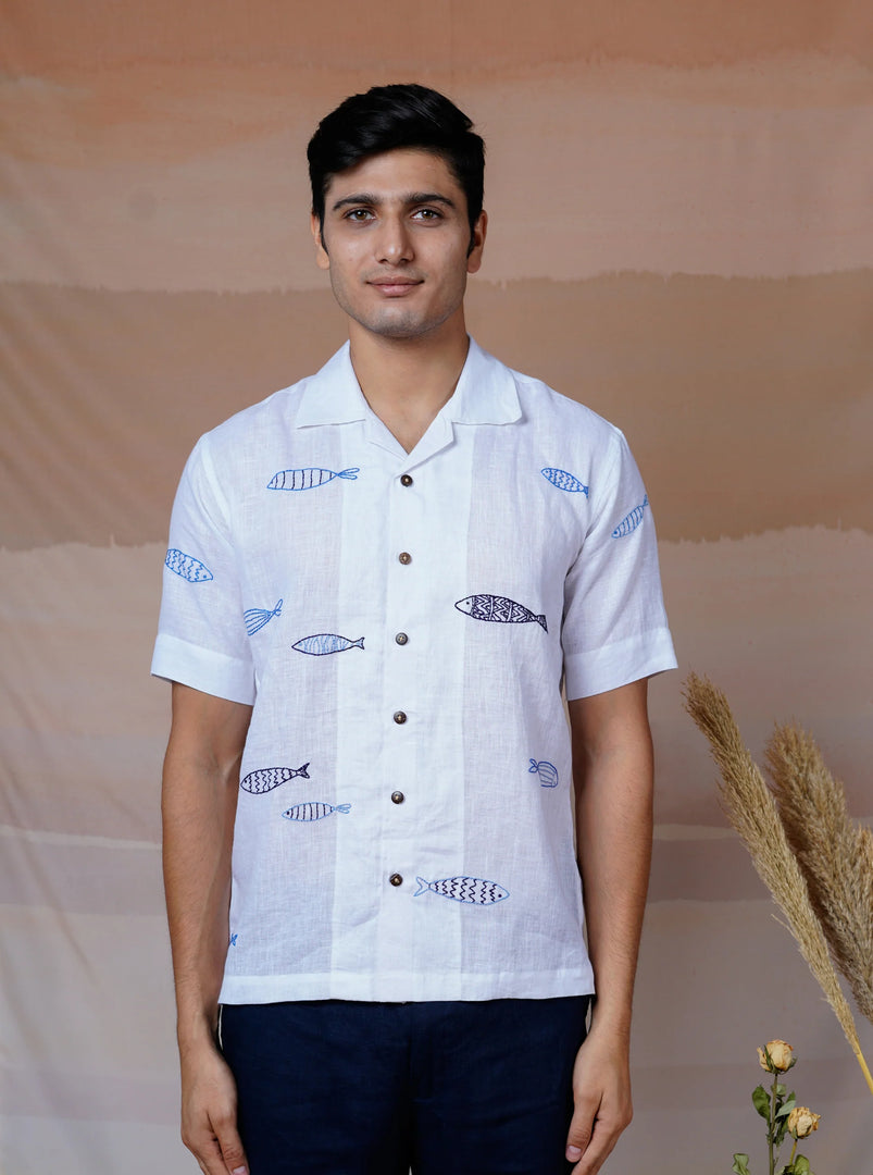 Ocean Drift - Hand Embroidered Unisex Linen Shirt