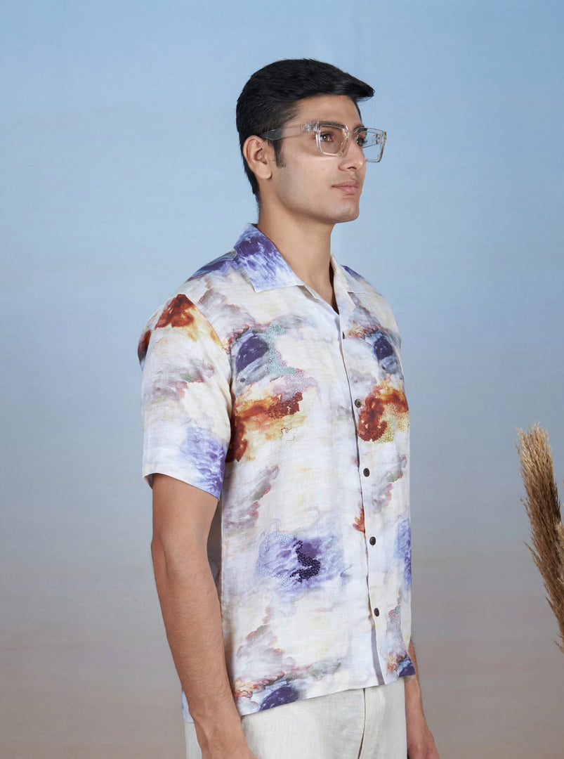 Nebula Nights - Hand Embroidered Unisex Printed Linen Shirt