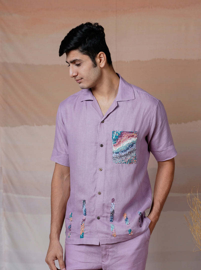 Lilac Ascent - Hand Embroidered Unisex Linen Shirt