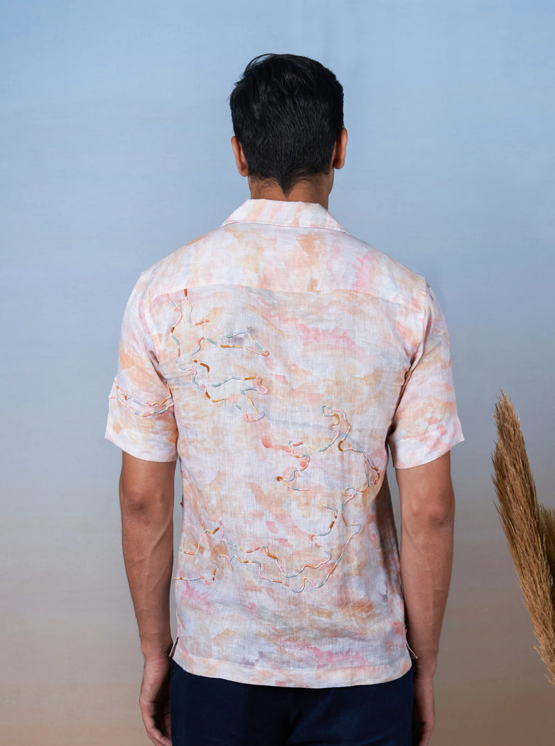 Whimsical Waves - Hand Embroidered Unisex Printed Linen Shirt