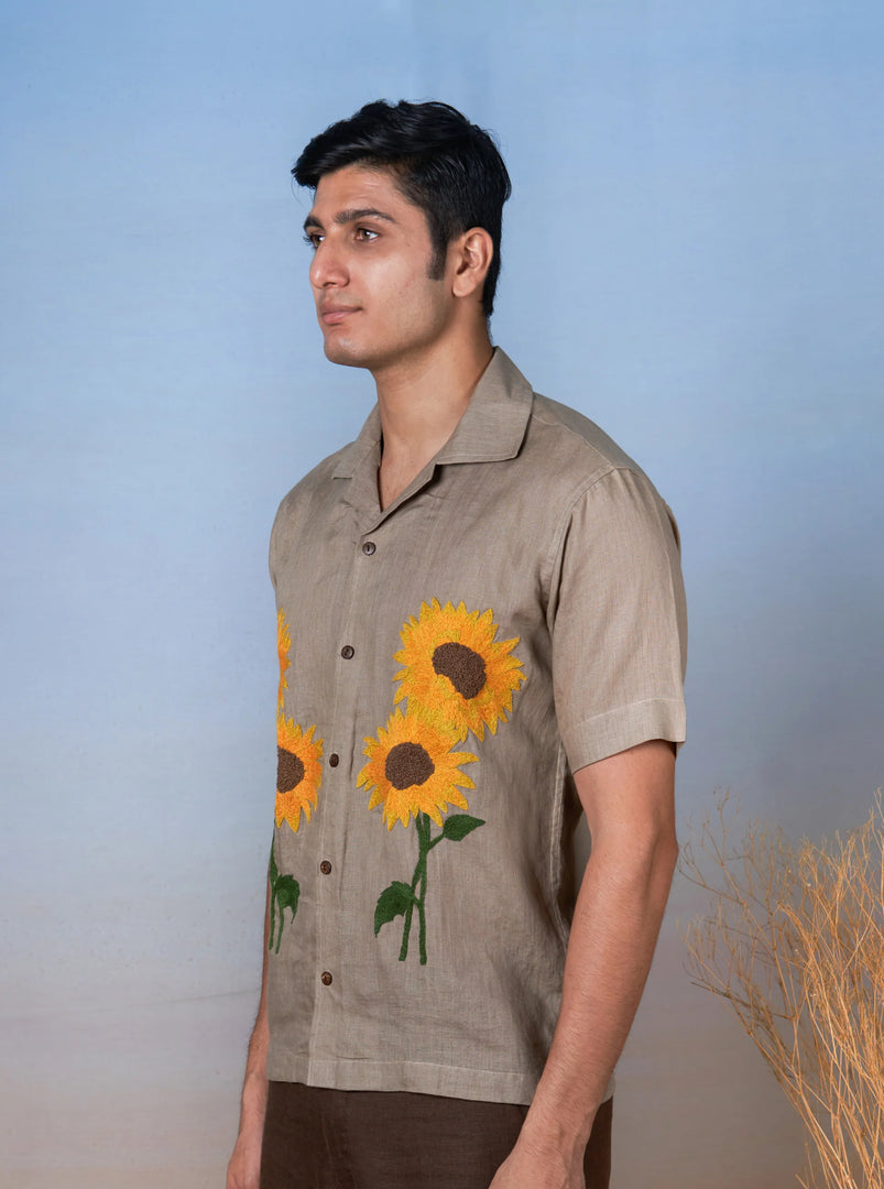 Sunflower Bliss - Hand Embroidered Unisex Linen Shirt
