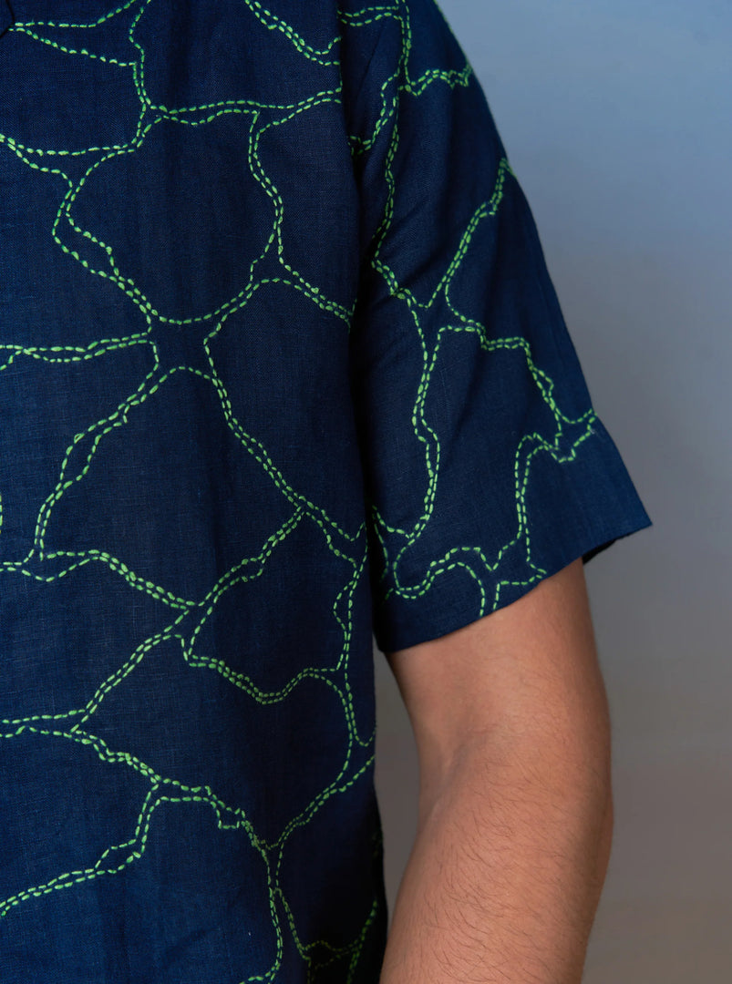 Green Veins - Hand Embroidered Unisex Printed Linen Shirt