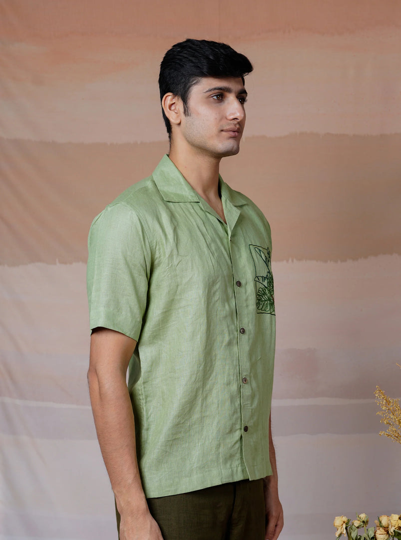 Tropical Leaf - Hand Embroidered Unisex Linen Shirt