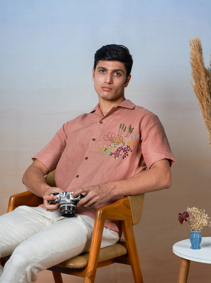 Terracotta Bloom - Hand Embroidered Unisex Linen Shirt