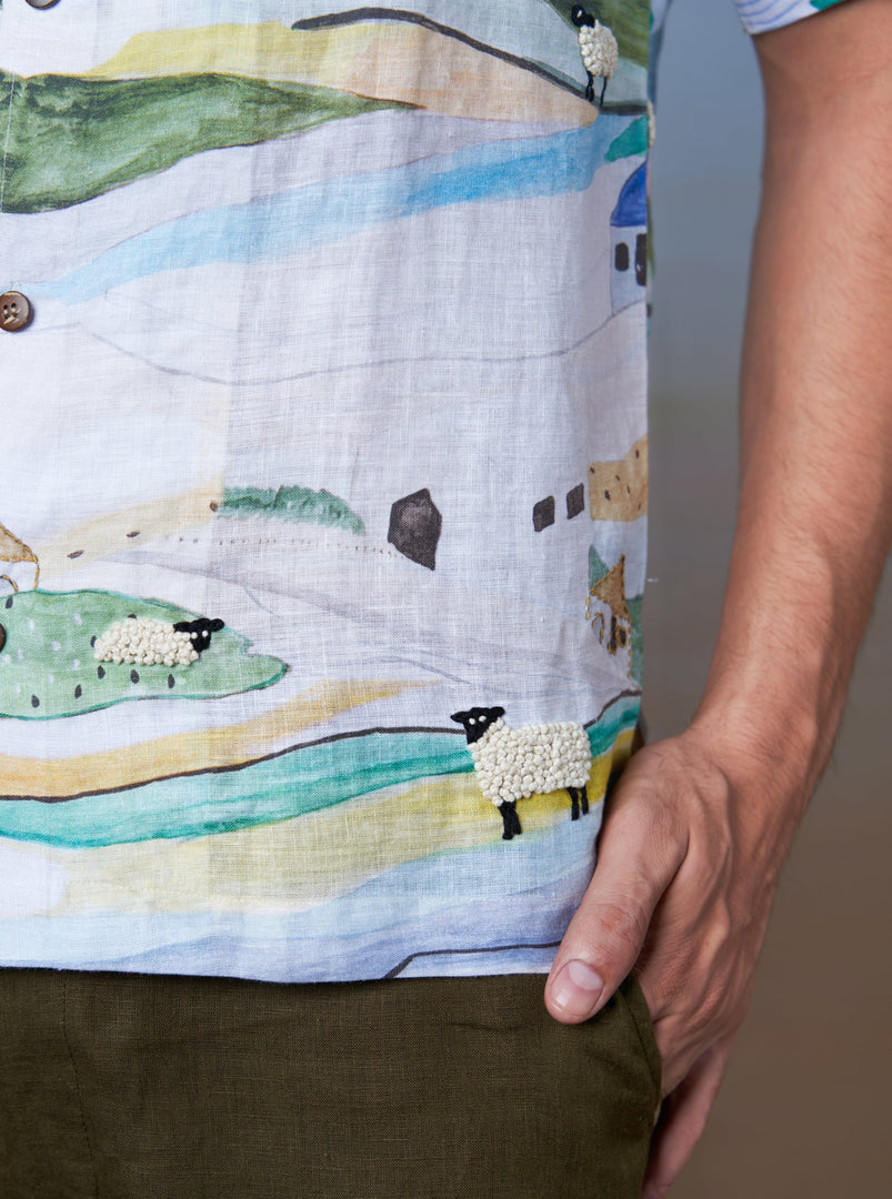 Grazing Sheep Yellow - Hand Embroidered Unisex Printed Linen Shirt