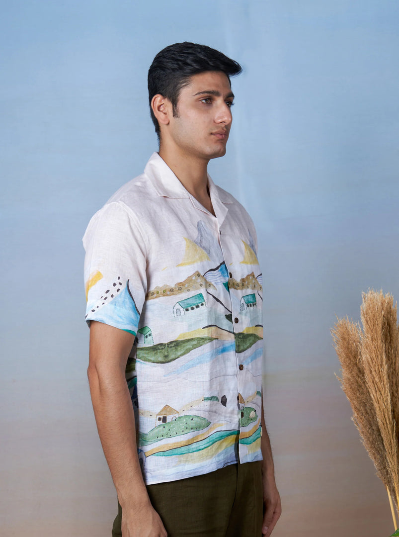 Grazing Sheep Yellow - Hand Embroidered Unisex Printed Linen Shirt