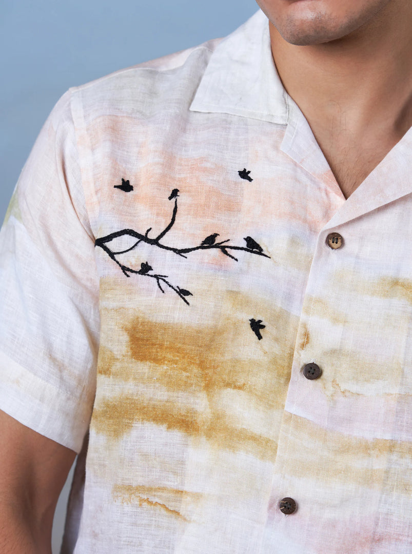 Whispering Branches - Hand Embroidered Unisex Printed Linen Shirt