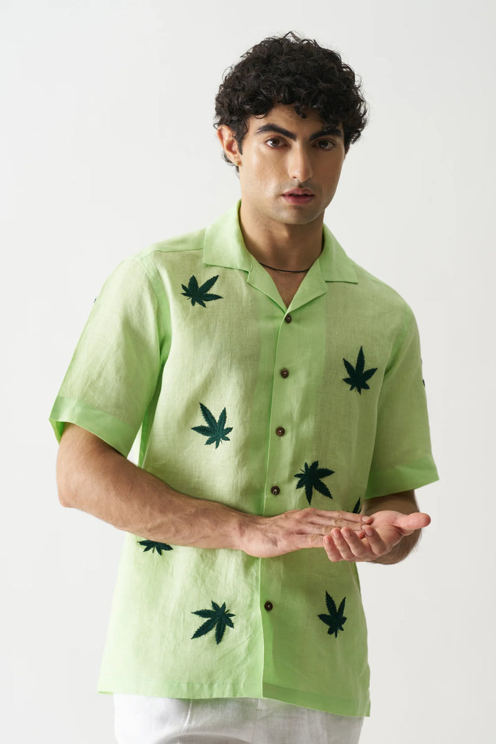 Green Pure Linen Shirt with Leaf Hand Embroidery – Breathable Summer Fashion