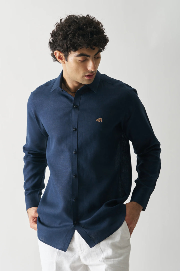 Navy Blue - Rozzana Full Sleeve Pure Linen Shirt