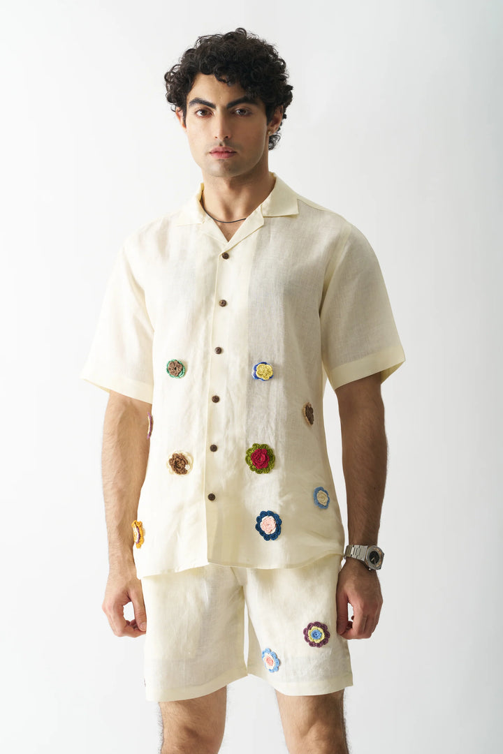 Off-white Petals - Hand Embroidered Pure Linen Unisex Co-ord Set