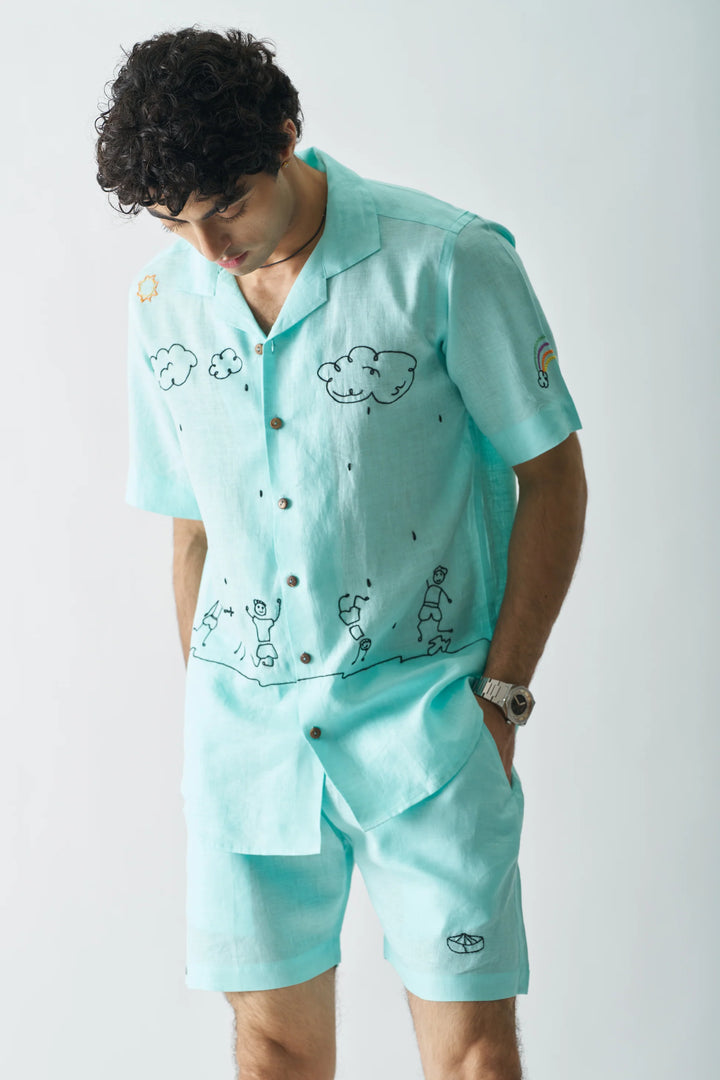 Rain Rain Go Away - Hand Embroidered Pure Linen Unisex Co-ord Set