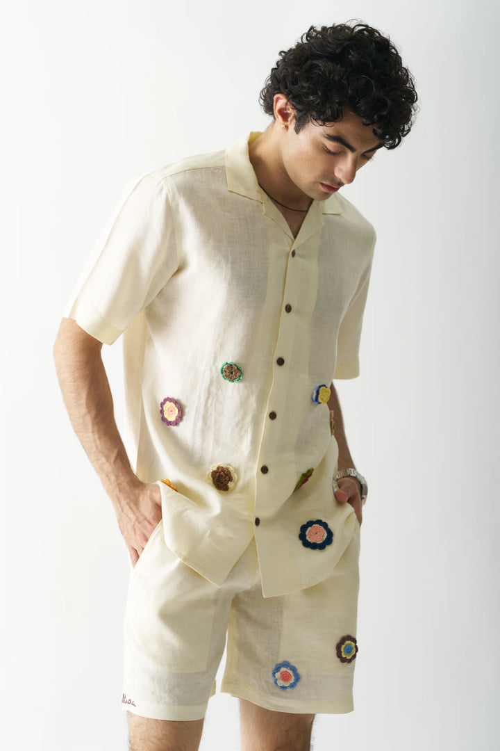 Off-white Petals - Hand Embroidered Pure Linen Unisex Co-ord Set