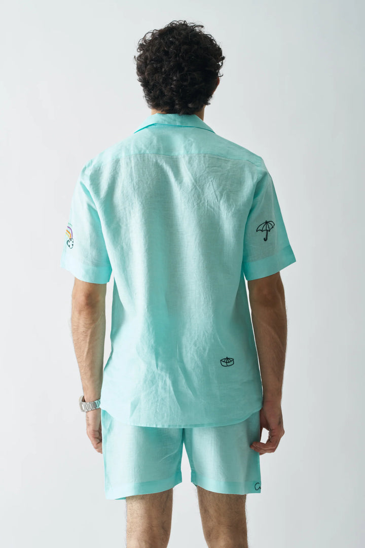 Rain Rain Go Away - Hand Embroidered Pure Linen Unisex Co-ord Set