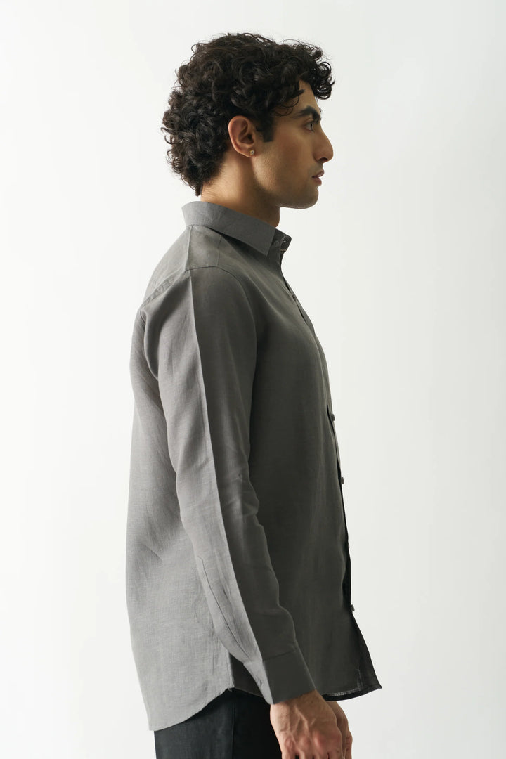 Coal Mine Grey - Rozzana Full Sleeve Pure Linen Shirt