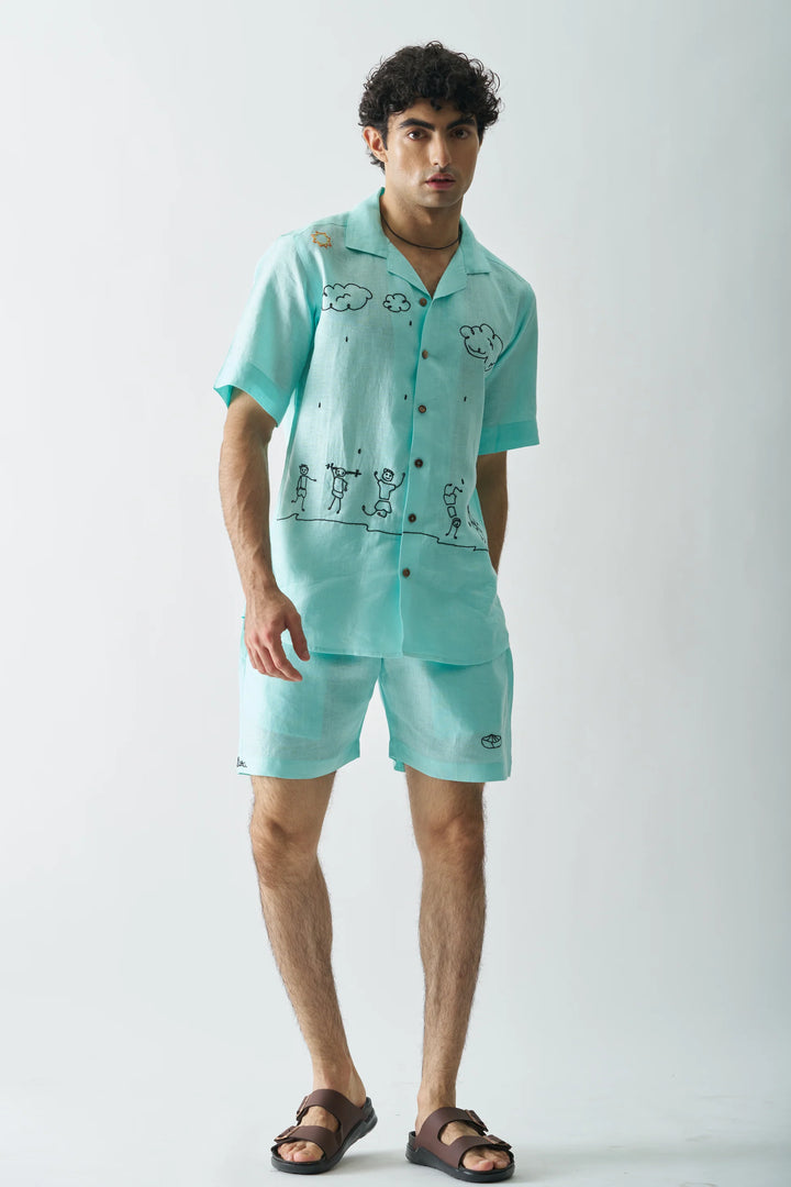 Rain Rain Go Away - Hand Embroidered Pure Linen Unisex Co-ord Set