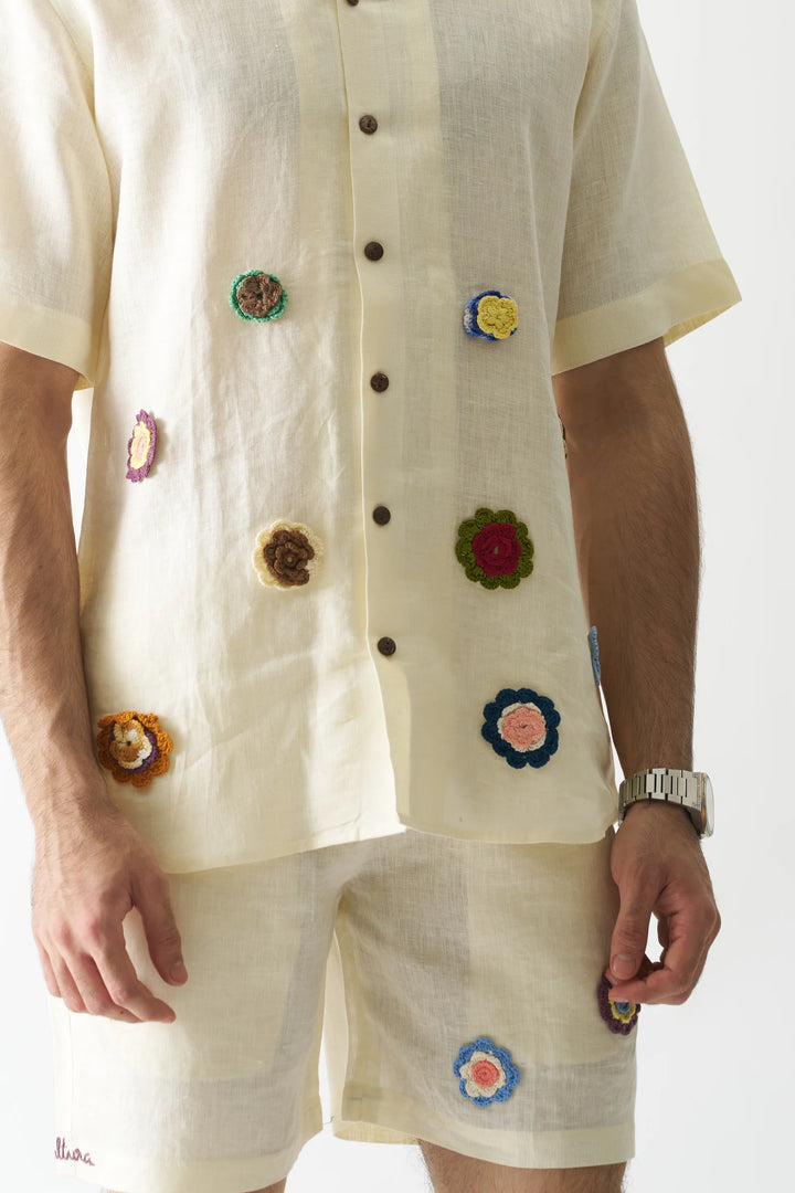 Off-white Petals - Hand Embroidered Pure Linen Unisex Co-ord Set