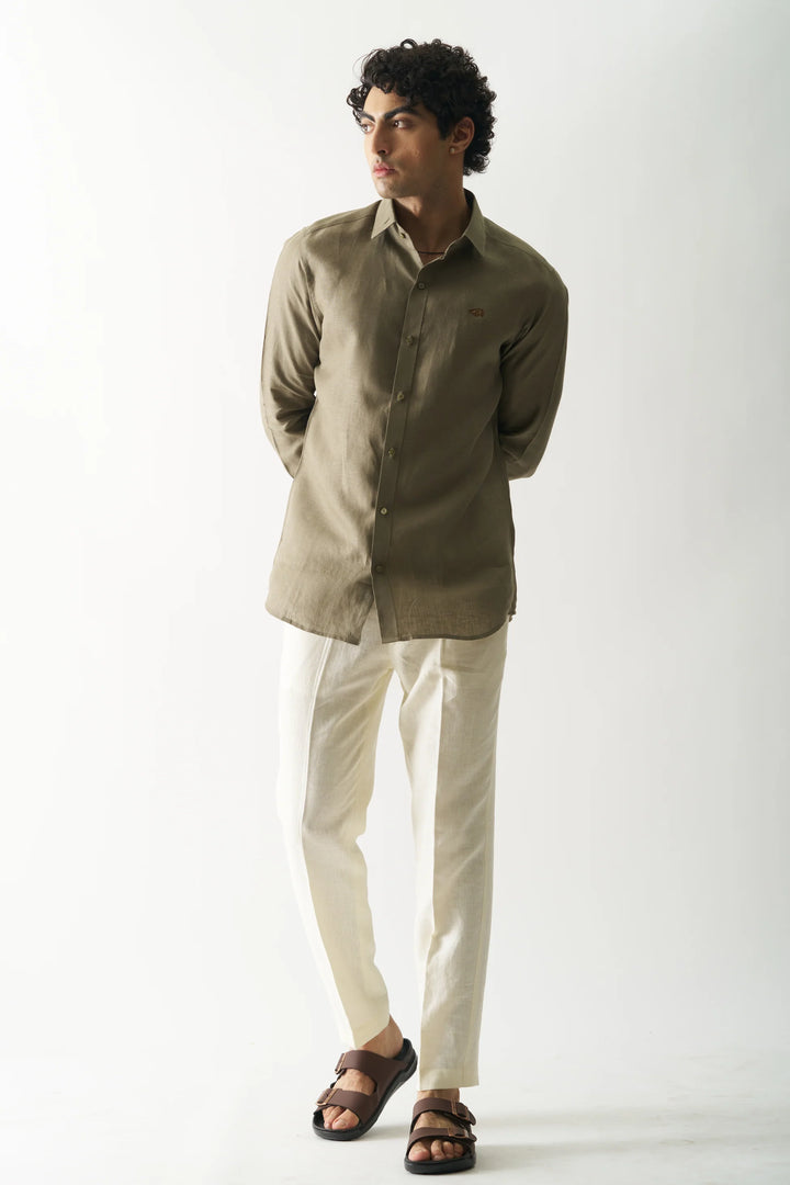 Light Olive - Rozzana Full Sleeve Pure Linen Shirt