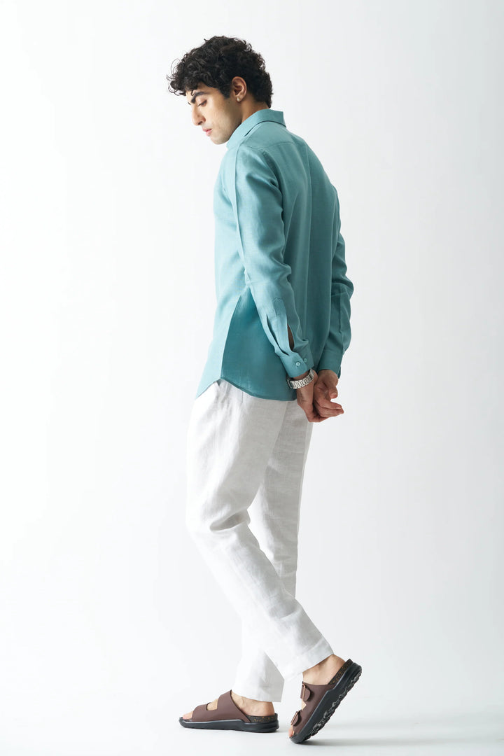 Deep Teal - Rozzana Full Sleeve Pure Linen Shirt
