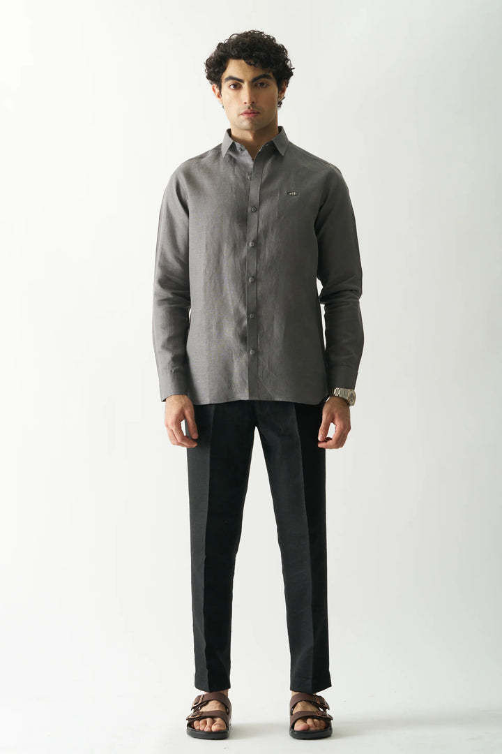 Coal Mine Grey - Rozzana Full Sleeve Pure Linen Shirt