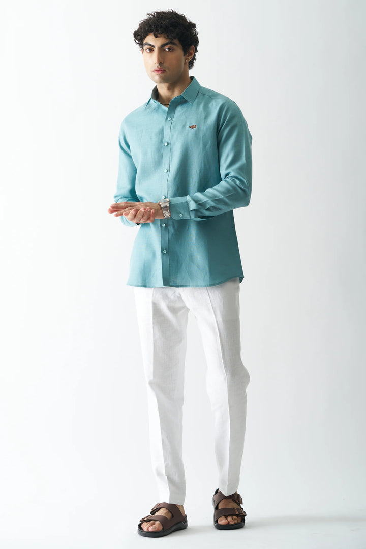 Deep Teal - Rozzana Full Sleeve Pure Linen Shirt