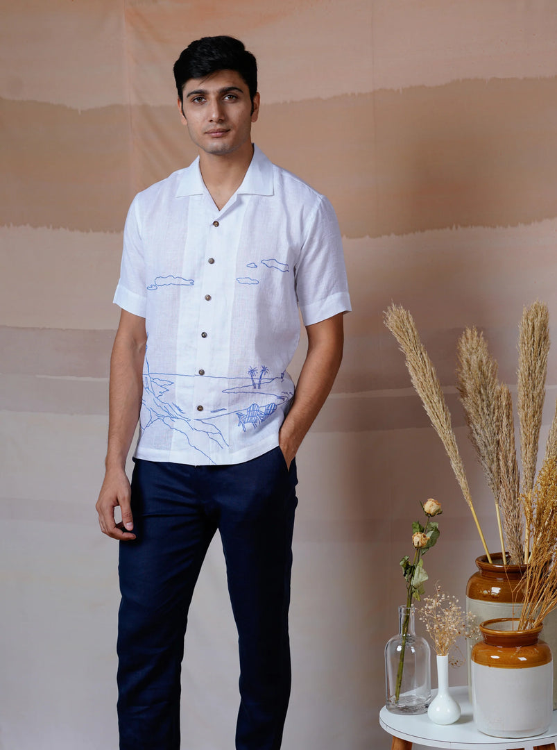 Coastal Charm - Hand Embroidered Unisex Linen Shirt