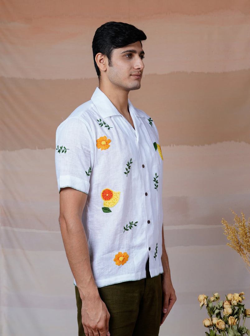 Citrus Garden - Hand Embroidered Unisex Linen Shirt