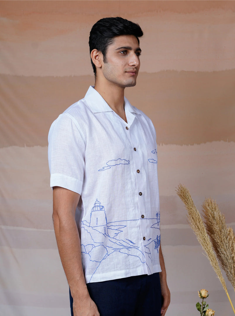 Coastal Charm - Hand Embroidered Unisex Linen Shirt