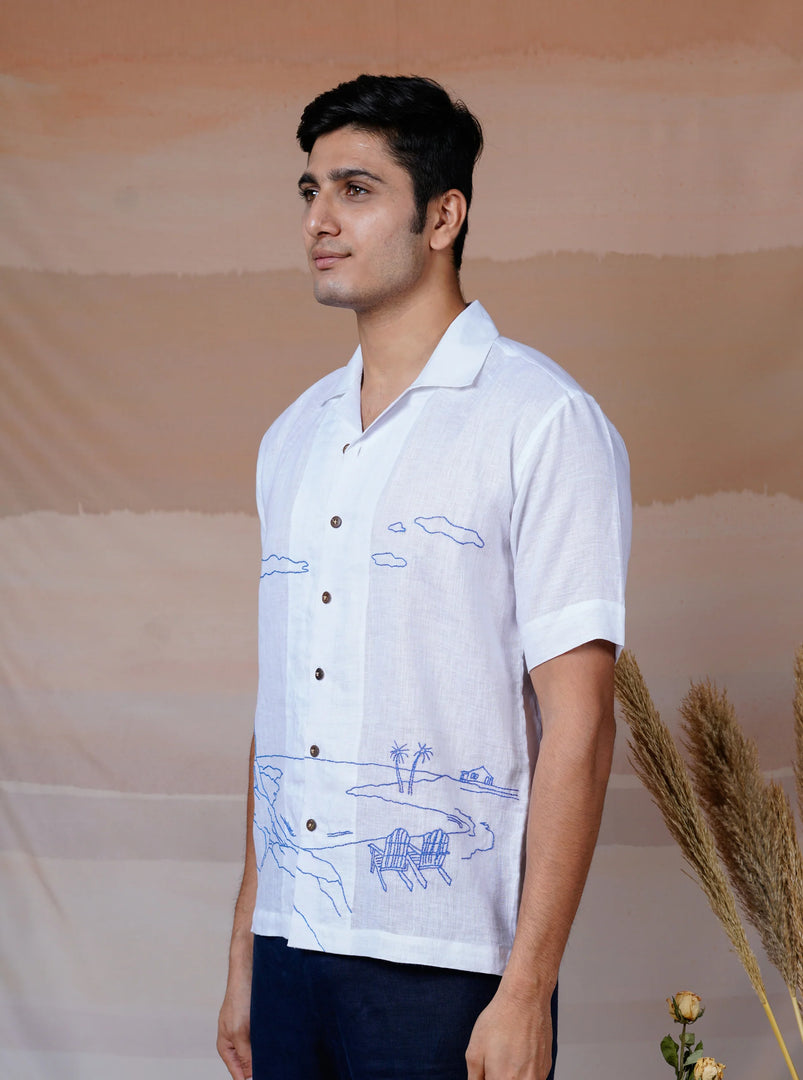 Coastal Charm - Hand Embroidered Unisex Linen Shirt