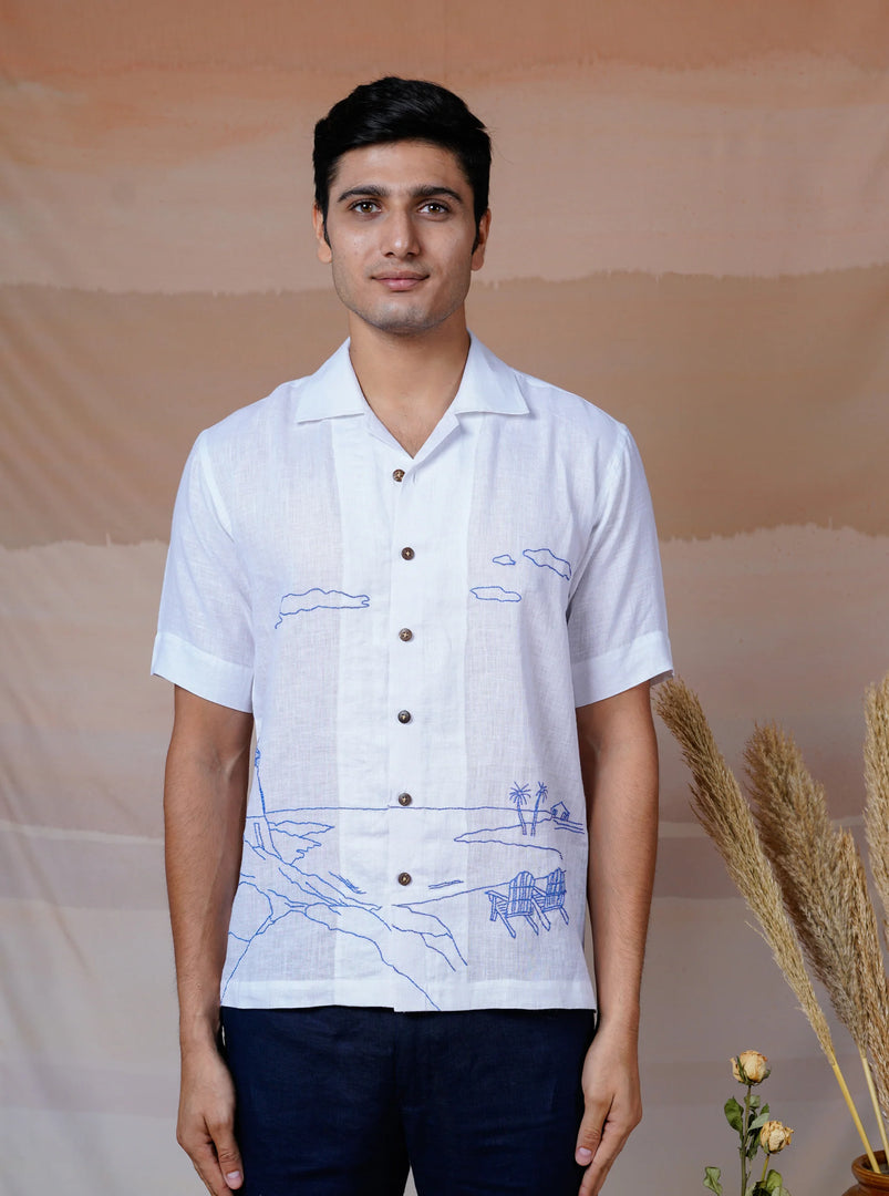 Coastal Charm - Hand Embroidered Unisex Linen Shirt