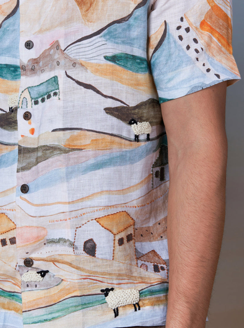 Grazing Sheep Orange - The Cultura Earth-Toned Linen Shirt – Art, Craft, and Comfort